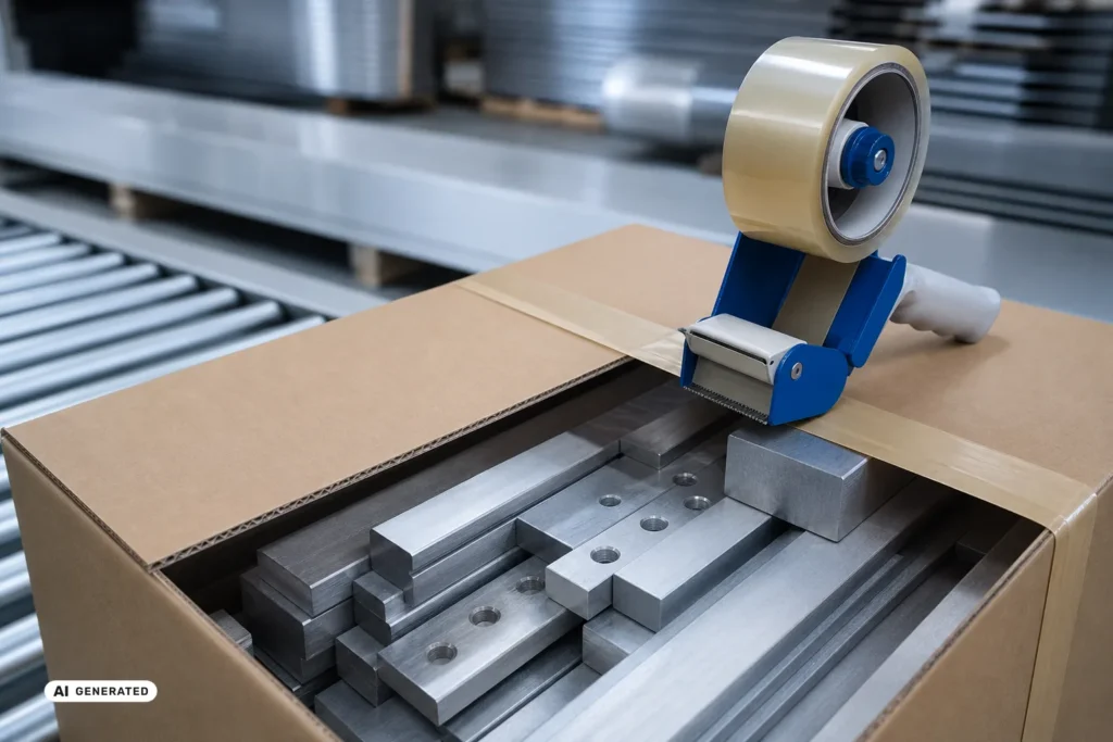 Versandkarton mit Aluminiumzuschnitten wird verschlossen
