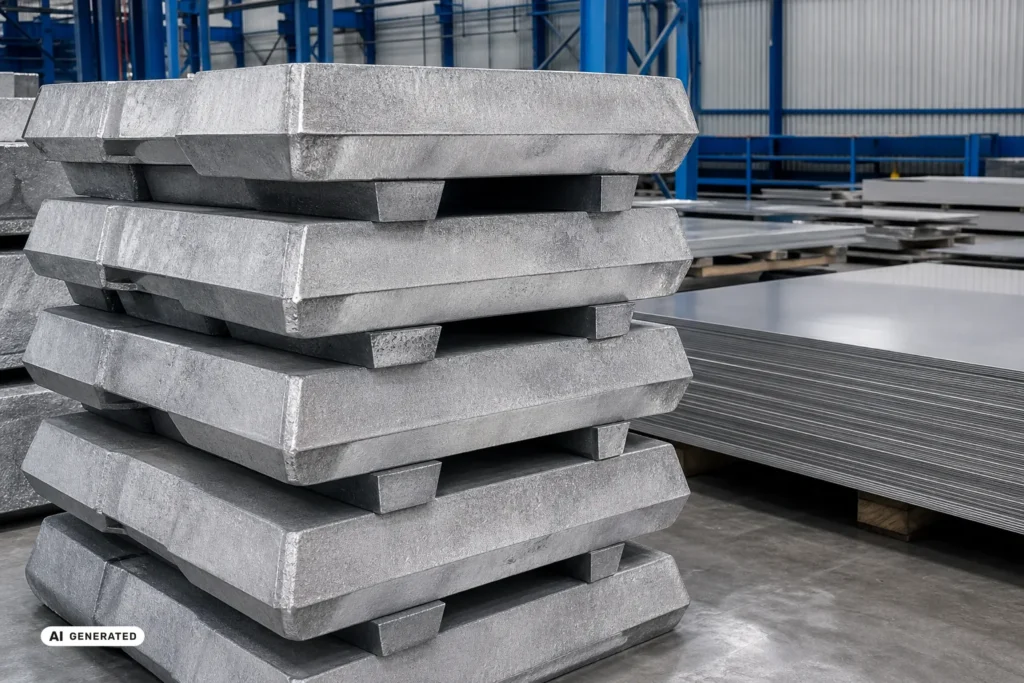 Walzbarren und fertige Aluminiumplatten im Werkslager