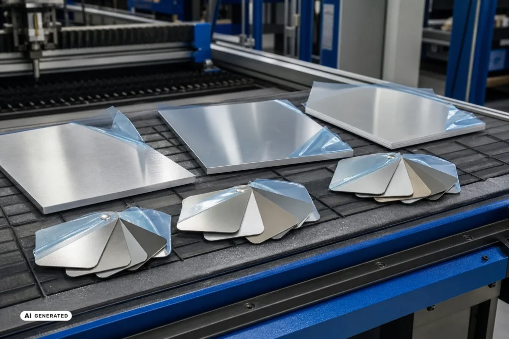 Aluminiumplatten verschiedener Legierungen auf dem Zuschnitttisch